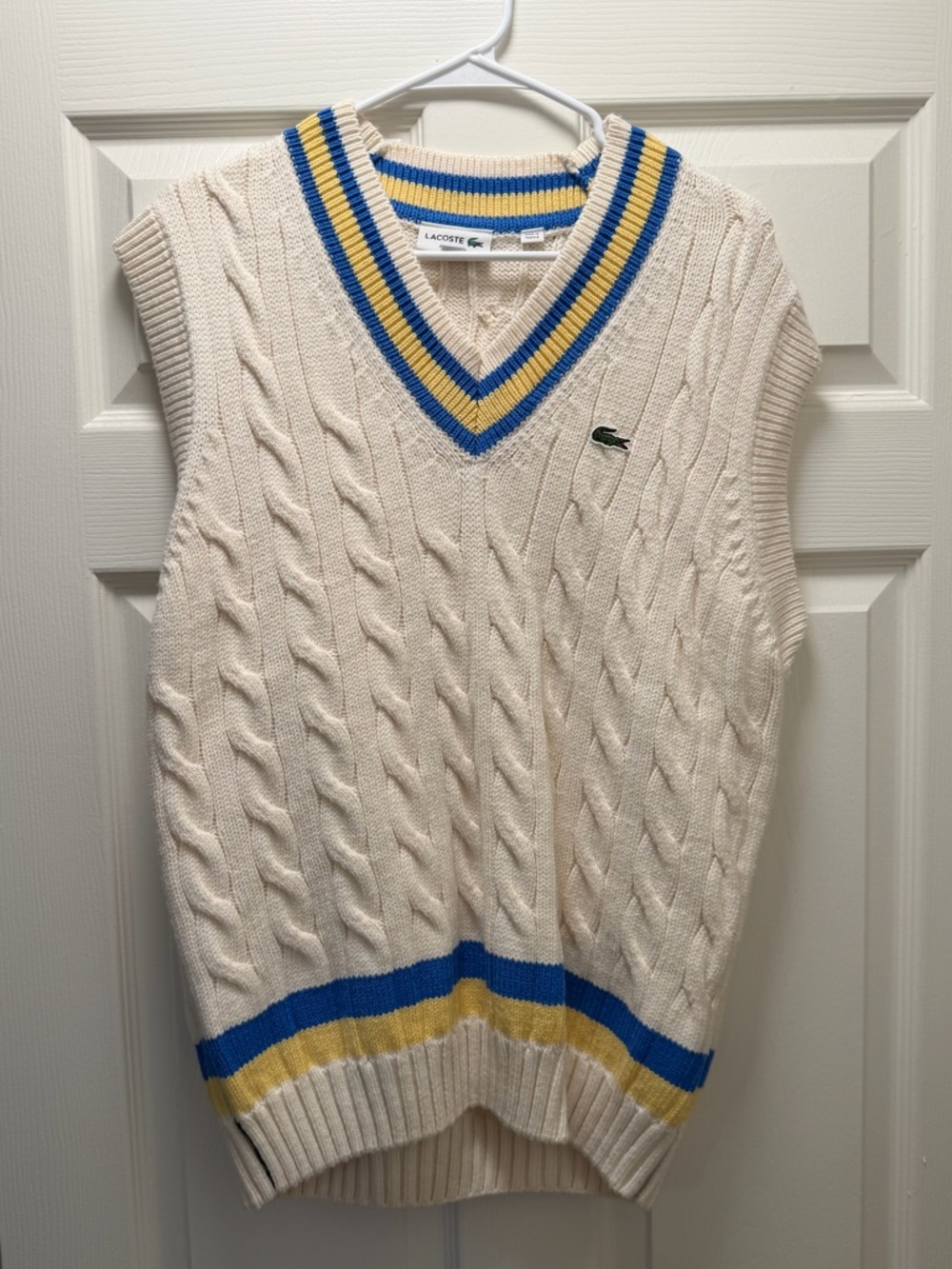 Lacoste Cream Cable Knit Vest with Blue and Yellow Stripe Trim